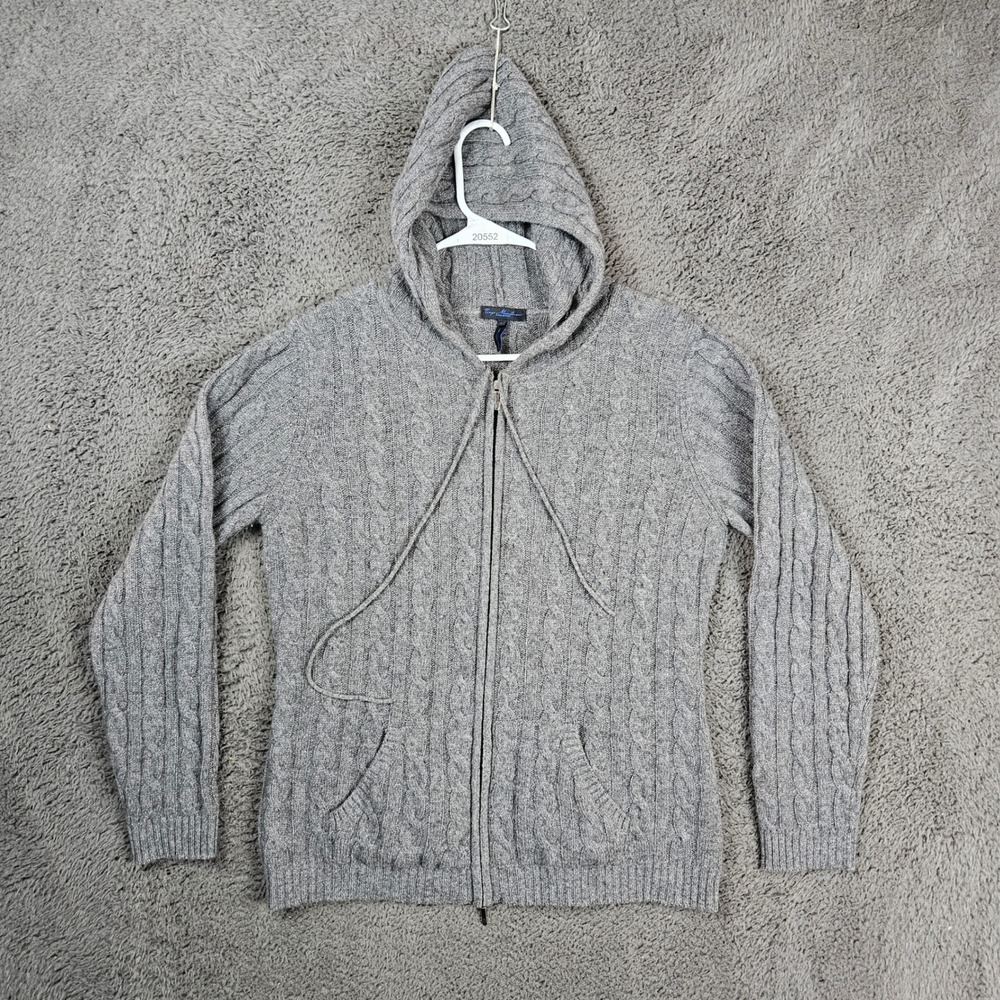 Enzo Mantovani Gray 100% Cashmere Cable Knit Full Zip Hoodie Sweater Womens L